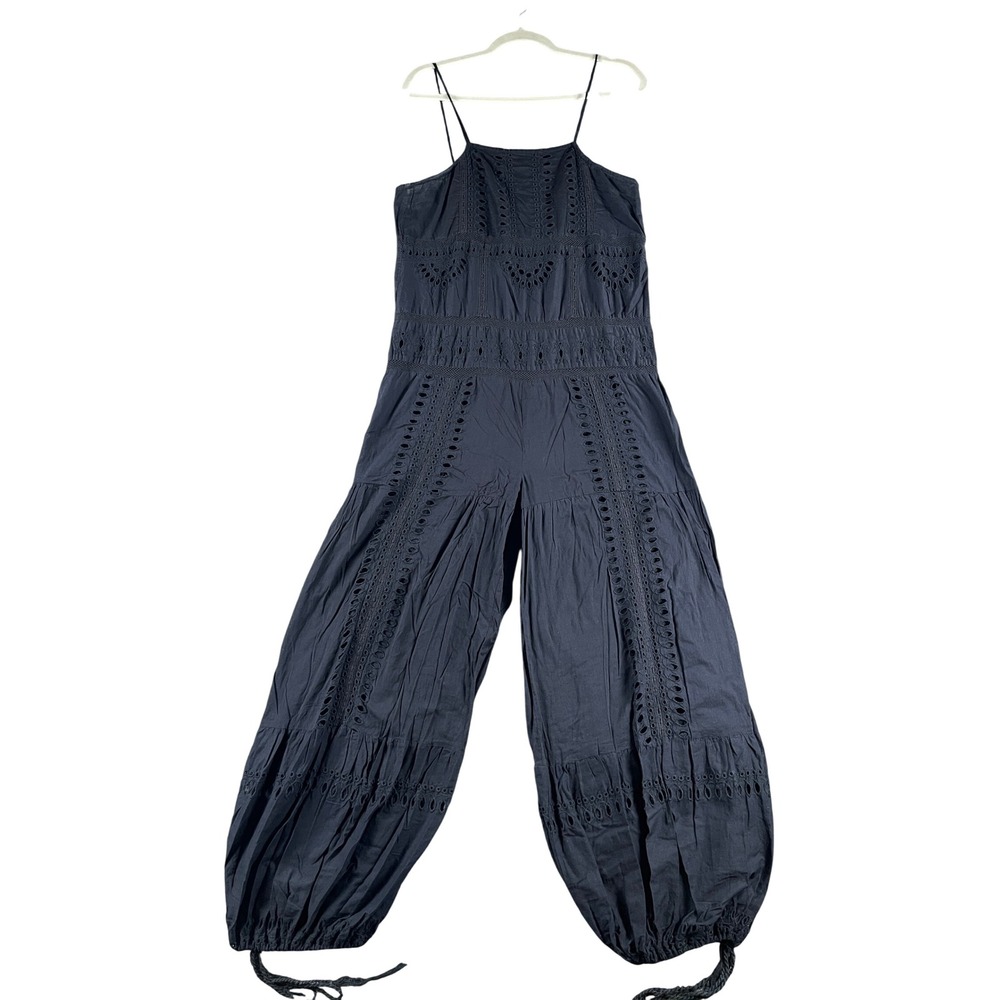 Free People Black Eyelet Embroidered Jumpsuit Small Boho Balloon Leg Drawstring